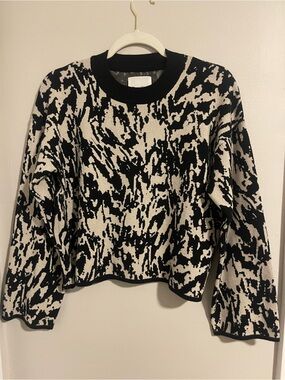 Part Two Black Cream Abstract Knit Cropped Sweater S